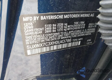 2017 BMW X3 xDrive35I z USA, uszkodzony, nr VIN 5UXWX7C3XH0U43786